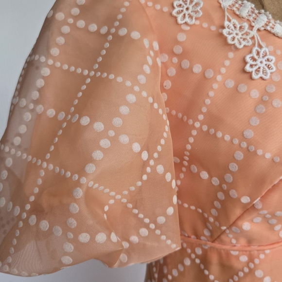 Vintage Bridgerton Puff Sleeve Orange Cream Bow Back Crochet Fringe Dress, XS/S - Picture 8 of 12